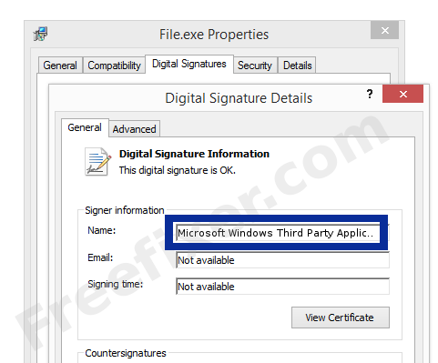 Screenshot of the Microsoft Windows Third Party Application Component certificate